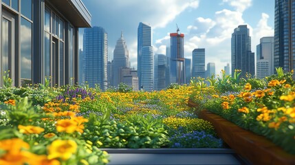 Fototapeta premium Vibrant rooftop garden with colorful flowers and city skyline backdrop, showcasing urban nature in a lively environment.