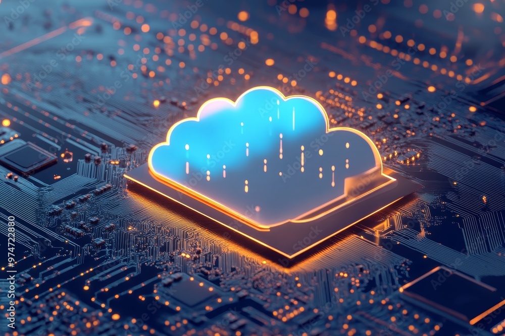 Aufkleber 3d render of cloud computing on microchip circuit board a modern technology background