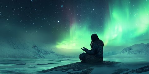 Silhouette of person watching aurora borealis.