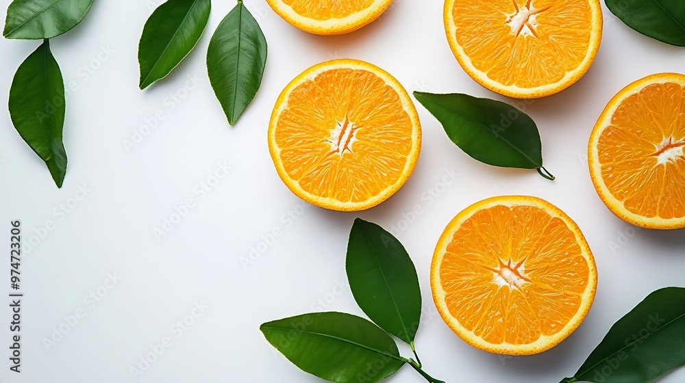 Poster orange fruit with segment and green leaves isolated on white background : generative ai
