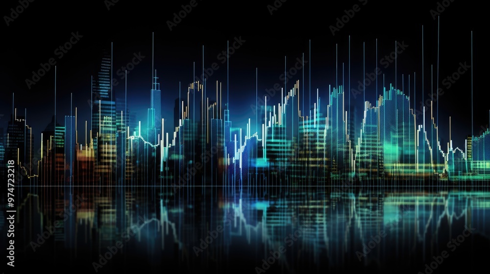 Poster a futuristic cityscape with glowing lines and a reflection in the water. the image is a representati