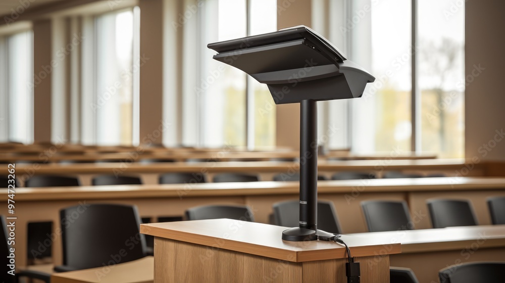 Poster a modern podium with a microphone and a sleek design stands in a room with rows of chairs.