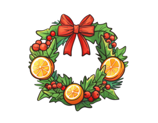 Snowberries with green twigs of Christmas tree, red decorations and cones in a holiday wave garland isolated on transparent