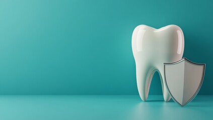 3D render of a white tooth and shield on a blue background