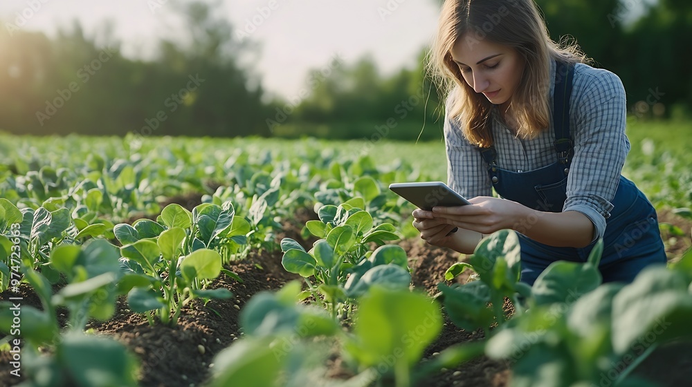 Fototapete smart farming soybean technology female farmer with digital tablet examines and checkins roots of so