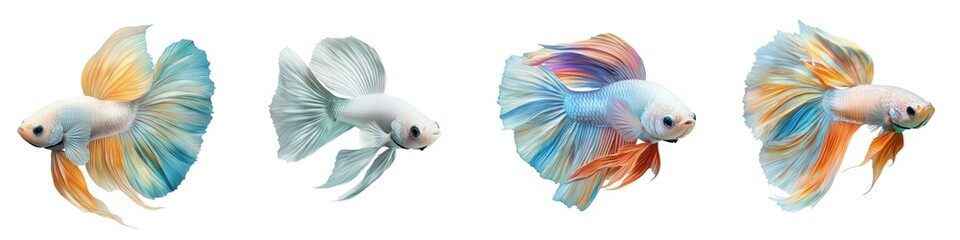 Fototapeta premium Colorful betta fish swimming gracefully, showcasing vibrant fins and a variety of hues against a clean background.