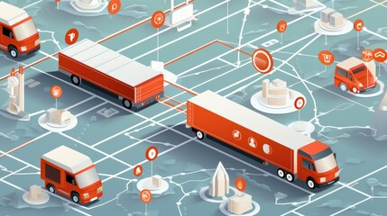 Obraz premium A colorful illustration of a city map with delivery trucks driving along the roads.