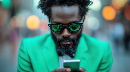 A trendy man in bold, green suit and dark sunglasses looks intently at his phone amidst a blurred city background. Stylish, focused, and connected to technology.
