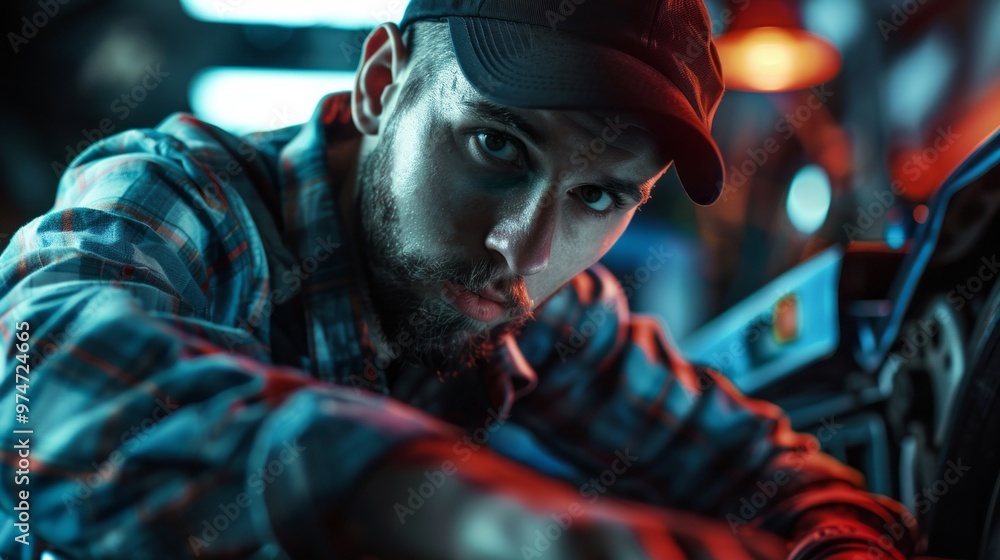 Poster a man with a beard and a hat is looking at the camera