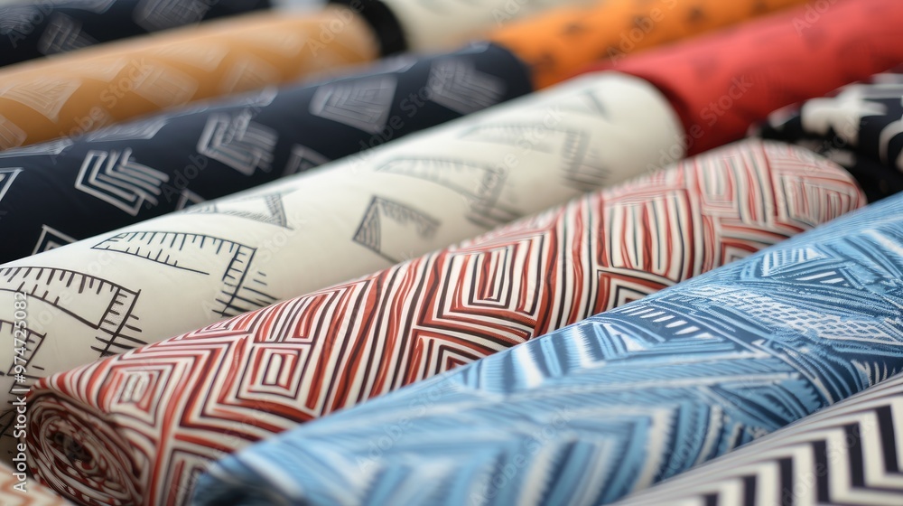 Poster a close-up of colorful fabric rolls with geometric patterns. the fabric is arranged in a stack, with