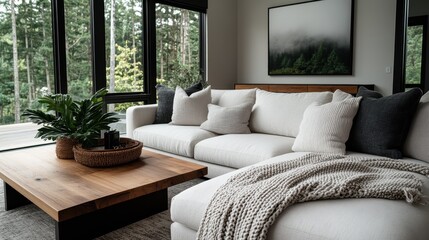 A spacious living area featuring a large window with forest view, light furnishings with soft pillows, a wooden table, and decor plants, creating a harmonious and peaceful space.