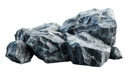 A cluster of large, jagged rocks with a glossy, dark surface.