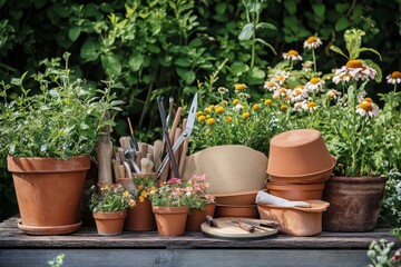 Gardening tools and flowerpots in a bright sunlit garden setting for enthusiastic gardeners