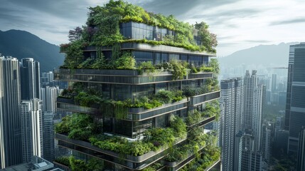 Obraz premium Modern sustainable skyscraper with lush green vertical gardens in an urban city landscape with mountains in the background