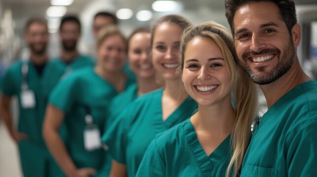 A line of cheerful medical professionals in scrubs and stethoscopes lined up in a hospital hallway, signifying teamwork, readiness, and optimism in healthcare settings.