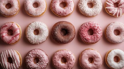 A delightful assortment of donuts decorated with a variety of pink icings and toppings set on a pink surface, offering a sweet and colorful visual treat perfect for dessert lovers.