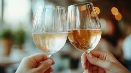 Two hands clink glasses of white and rosé wine together in a celebratory toast, capturing a moment of joy and friendship in a warmly lit setting, perfect for social occasions.
