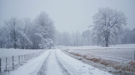 Fototapeta premium Snow-Covered Road Winding Through a Wintery Forest