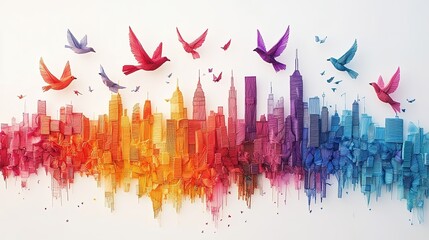 24. A flock of birds flying over a city skyline, each bird made from colorful threads, with the buildings below also crafted from various shades of thread.