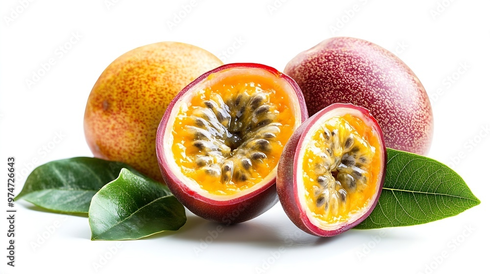 Aufkleber passion fruit isolated with leaf passion maracuya fruit on white background with clipping path as de