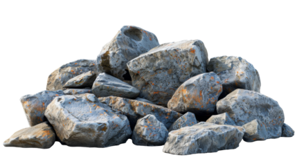 A pile of textured rocks with some orange lichen, suitable for landscaping or construction.
