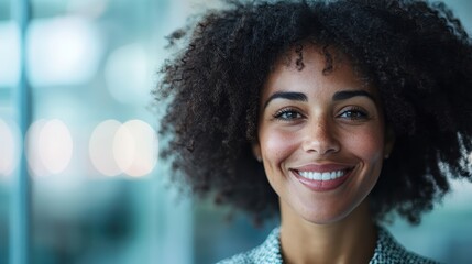A radiant woman smiles brightly, exuding natural joy in an indoor setting. Her welcoming expression and afro hairstyle are highlighted by the gentle ambient light.