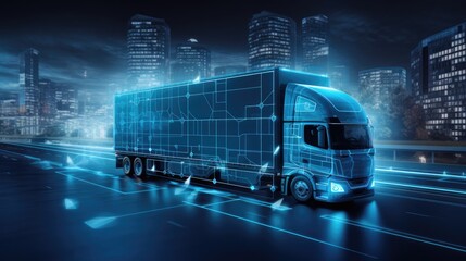 A futuristic semi-truck drives through a city at night, glowing with blue light.