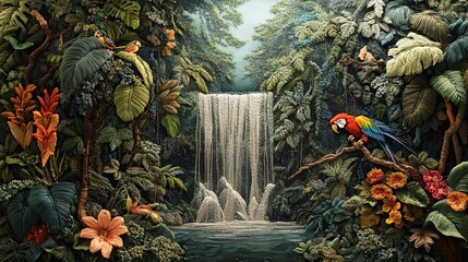8. A lush rainforest scene with trees, vines, and exotic animals like parrots and monkeys, all made from green, brown, and colorful threads, with a waterfall of flowing white threads in the