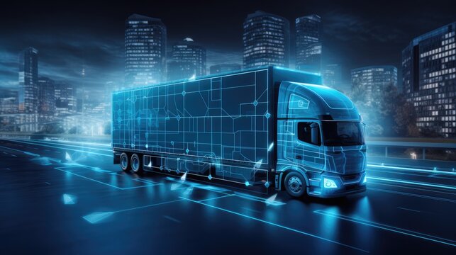 A futuristic semi-truck drives through a city at night, glowing with blue light.