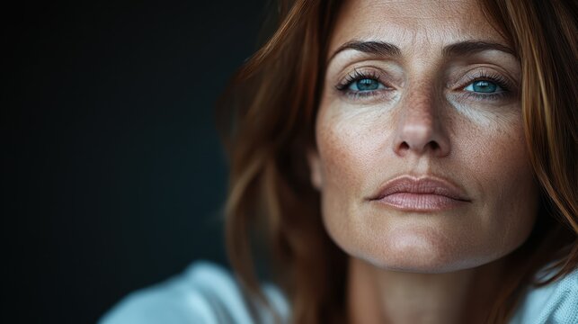 A close-angled shot of a serene woman with windswept auburn hair, focusing intensely, conveys mystery and depth in a modern expression.