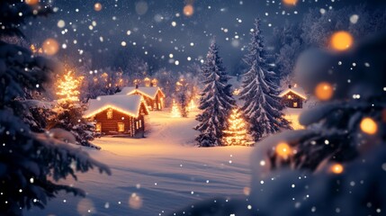Charming village nestled in a snowy landscape adorned with christmas lights and winter spirit