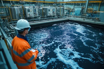 Engineers inspecting a wastewater clarifier with slow-moving water, with control panels and large industrial equipment in the background