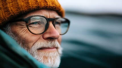 A detailed view focuses on a person wearing glasses and an orange cap, set against a backdrop of blurred water, evoking calm, reflection, and thoughtful solitude.