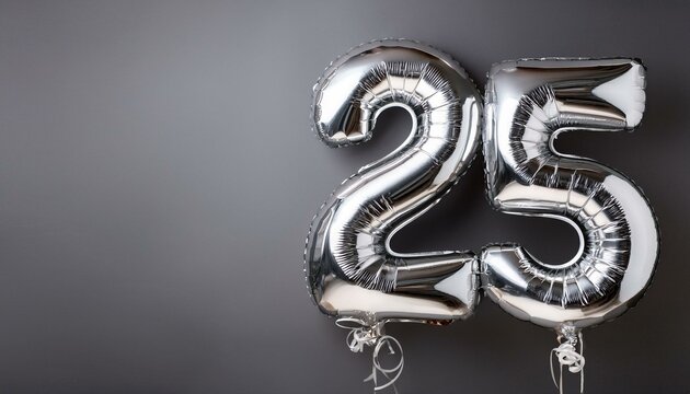 Banner with number 25 silver balloons with copy space