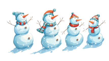 Set of watercolour snowmen isolated on transparent. New year party decor, Christmas decorations