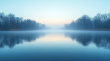 Tranquil lake at dawn, misty water reflecting soft pastel skies.