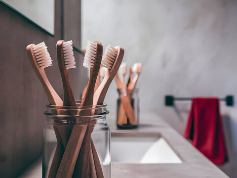 Ba&ntilde;o con un frasco lleno de cepillos de dientes de madera
