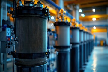 Industrial-scale filtration systems processing wastewater, with layers of filters visible and control systems in the background