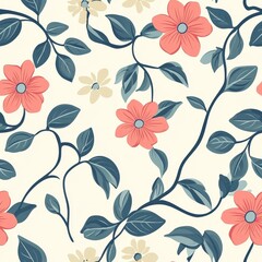 A charming floral pattern featuring pink and blue flowers intertwined with green leaves on a soft cream background.