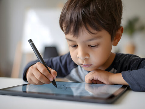 Ni&ntilde;o dibujando en la pantalla de una tableta digital
