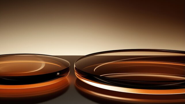 Two glossy, amber-colored glass discs sit on a dark background, creating a minimalist and elegant composition.