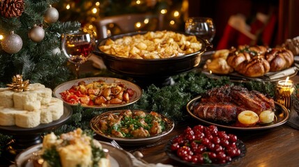 Obraz premium Festive christmas dinner table featuring an array of delicious traditional dishes and treats