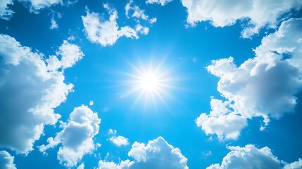 Bottom up view of blue sky with shining sun White fluffy clouds on a blue sky in spring season : Generative AI