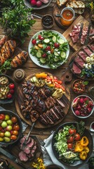 Fototapeta premium A Rustic Table Overflowing with Delights: Grilled Meats, Fresh Salads, and Summery Treats, A Culinary Symphony for the Senses.