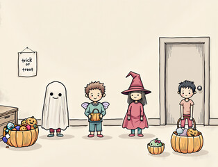 ハロウィンの仮装を準備する子どもたち   Children preparing Halloween costumes. 