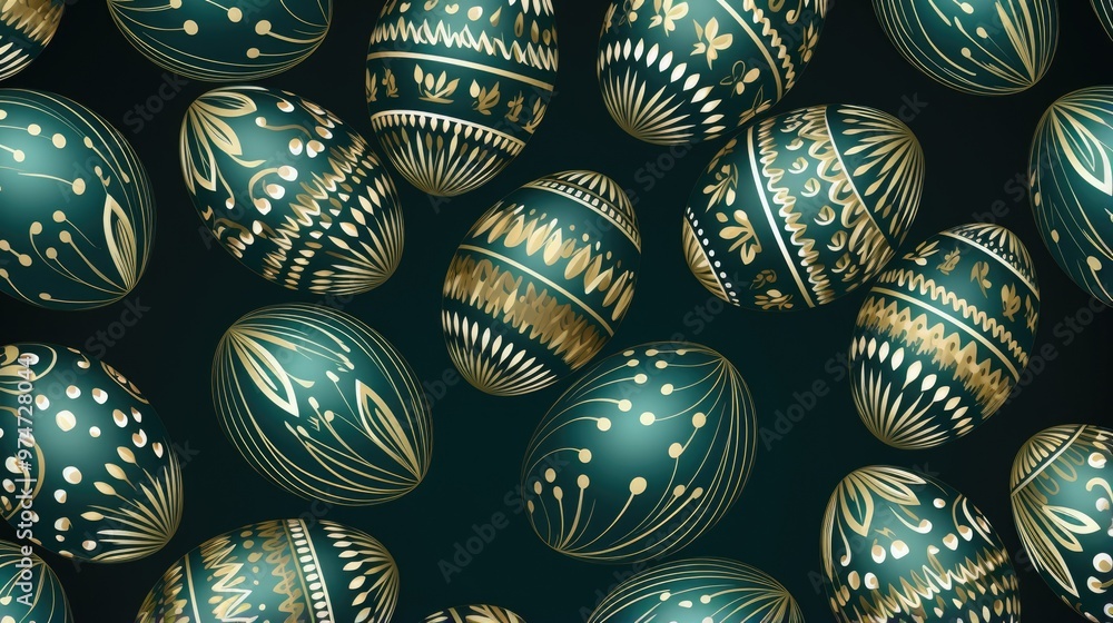 Poster a collection of green and gold easter eggs with intricate patterns.