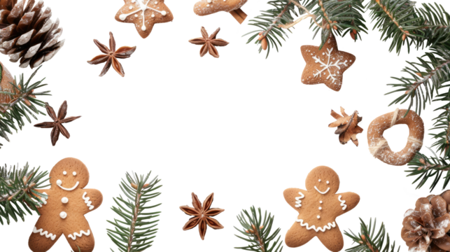 Gingerbread cookies frame. Winter homemade sweets, twigs and berries on transparent background