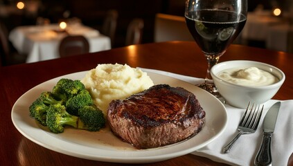 Prime Rib With Mashed Potatoes, Broccoli, And Cream Sauce