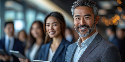 Obraz premium Smiling businessman and businesswoman in a conference room.