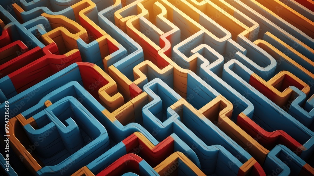 Poster a colorful maze with blue, yellow, and red walls creates a visually appealing and intricate pattern.